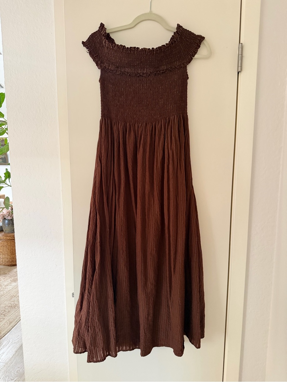 Hill House Brown Stripe Off-Shoulder Smocked Maxi Dress